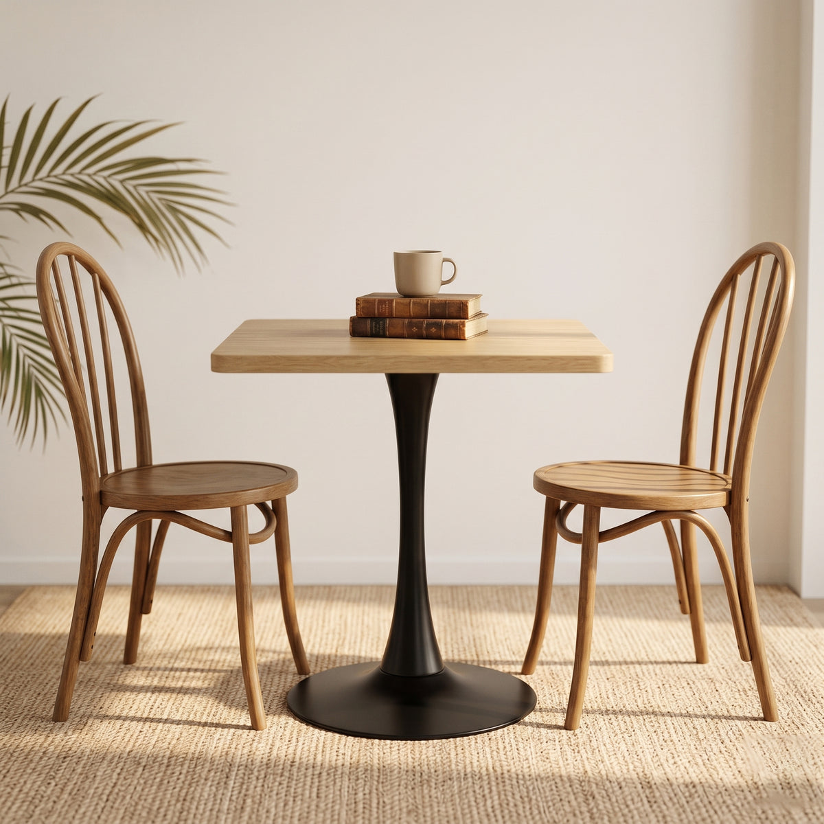 Natural square tulip bistro table styled with two wood chairs, a mug, and stacked books by a plant
