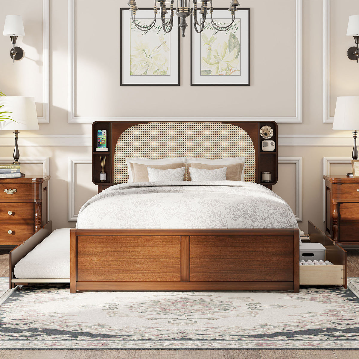 Queen Rattan Headboard Bed with Drawers and Trundle, Walnut