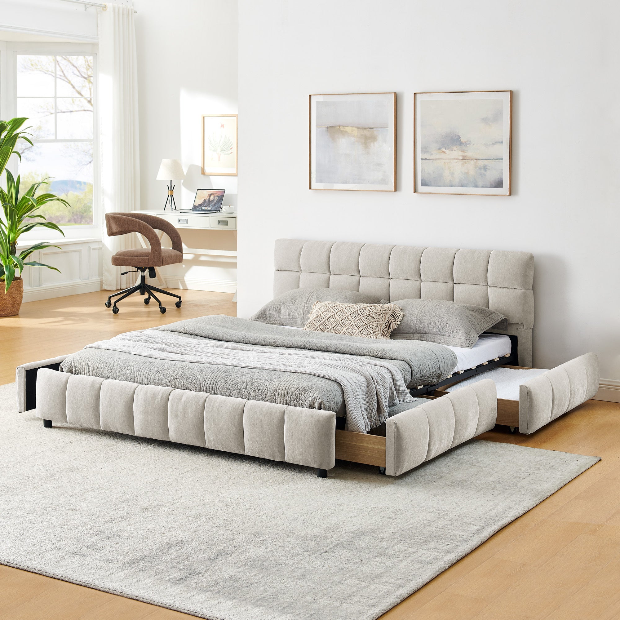 Beige chenille queen bed with a pulled-out side storage drawer, gray quilt and macrame pillow