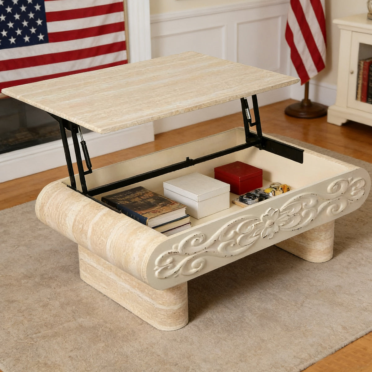 Beige Travertine-Look Floral Lift-Top Coffee Table with Storage, 39.4 in
