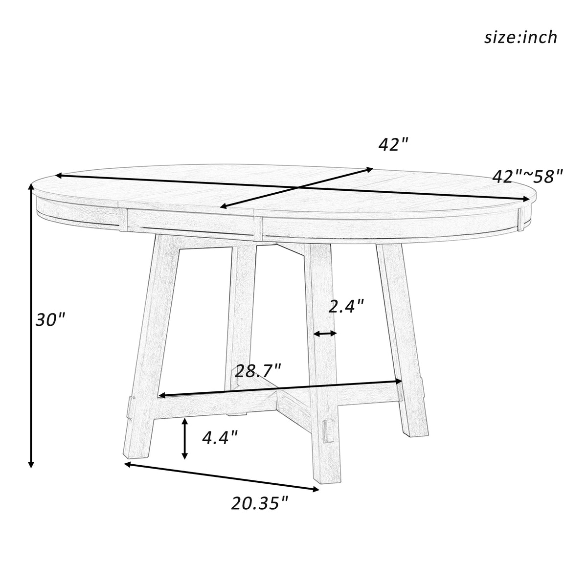Line-drawing dimension diagram showing 42in round top extending to 58in and 30in height