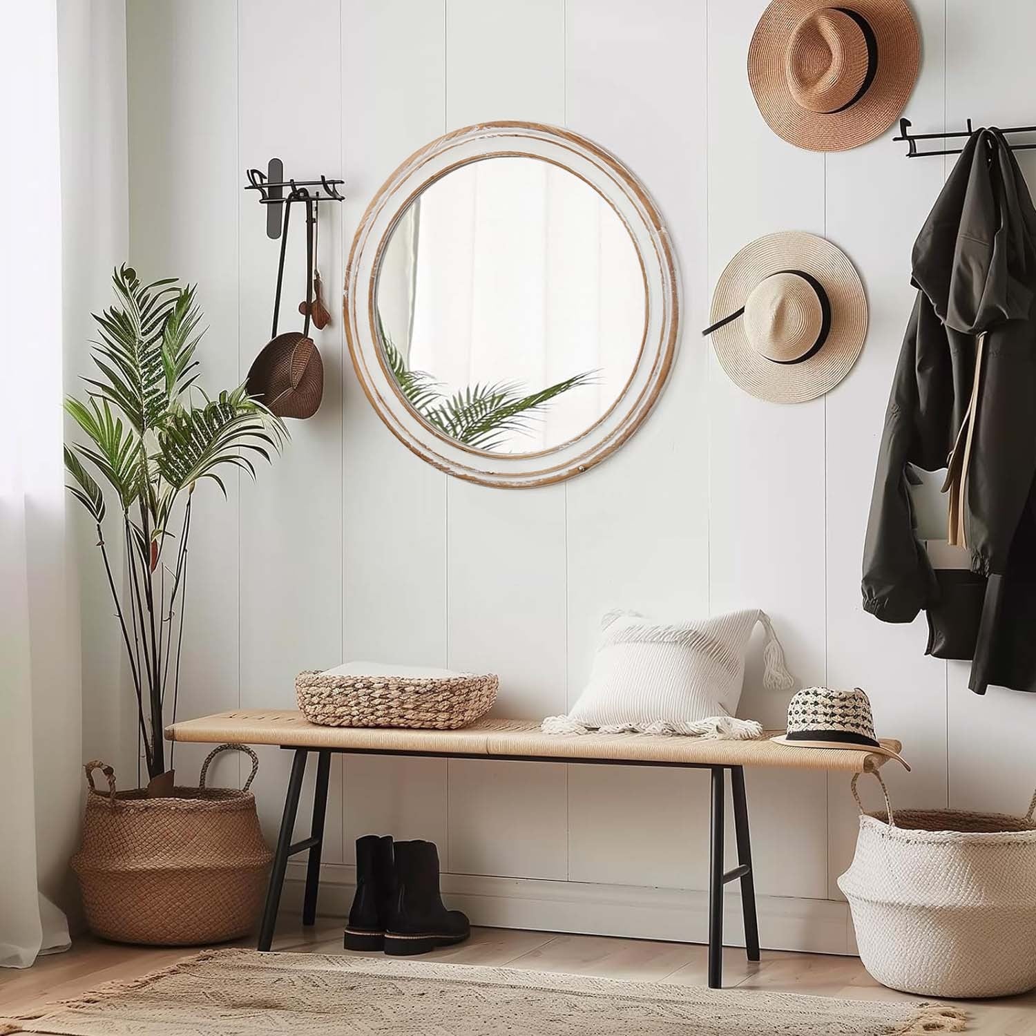 27.5 Inch Farmhouse Circle Vanity Mirror, Whitewash Edge