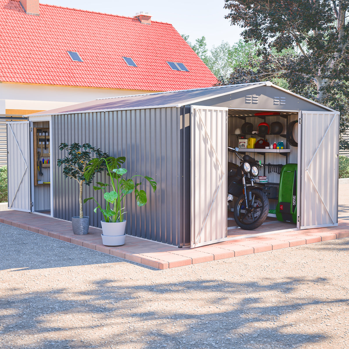 10x14 ft Gray Metal Storage Shed with Lockable Doors