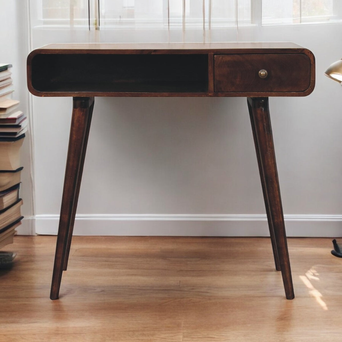 Corner Solid Mango Writing Desk, 1 Drawer, 35.4 in, Walnut