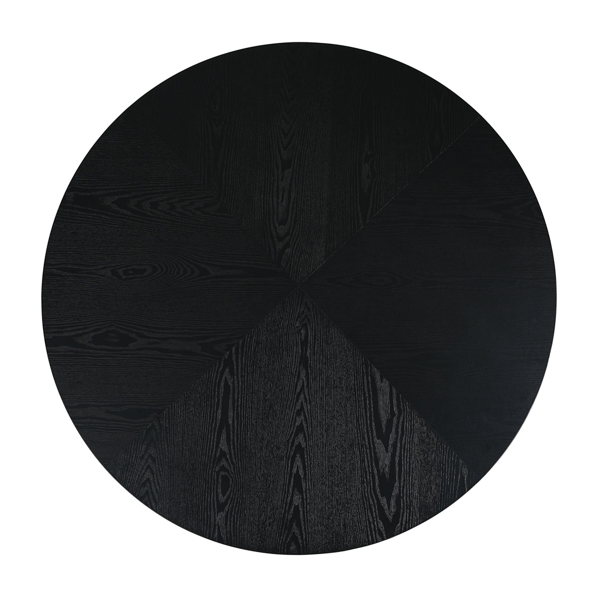 Overhead view of the black wood-grain round tabletop