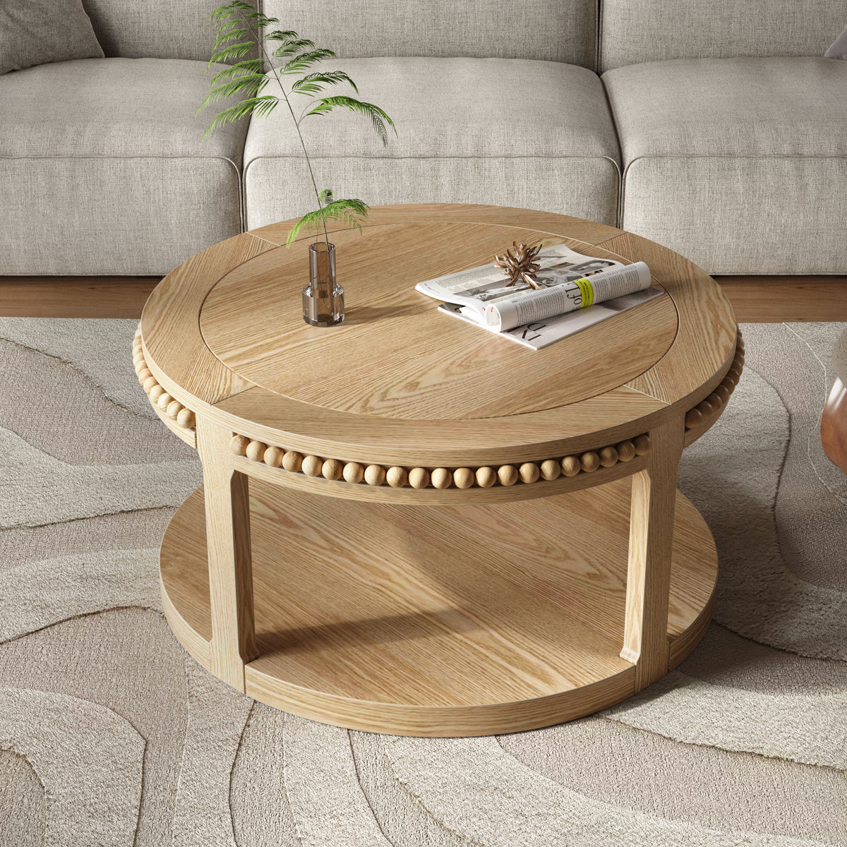 Natural Beaded Two-Tier Round Coffee Table, 31.5 in