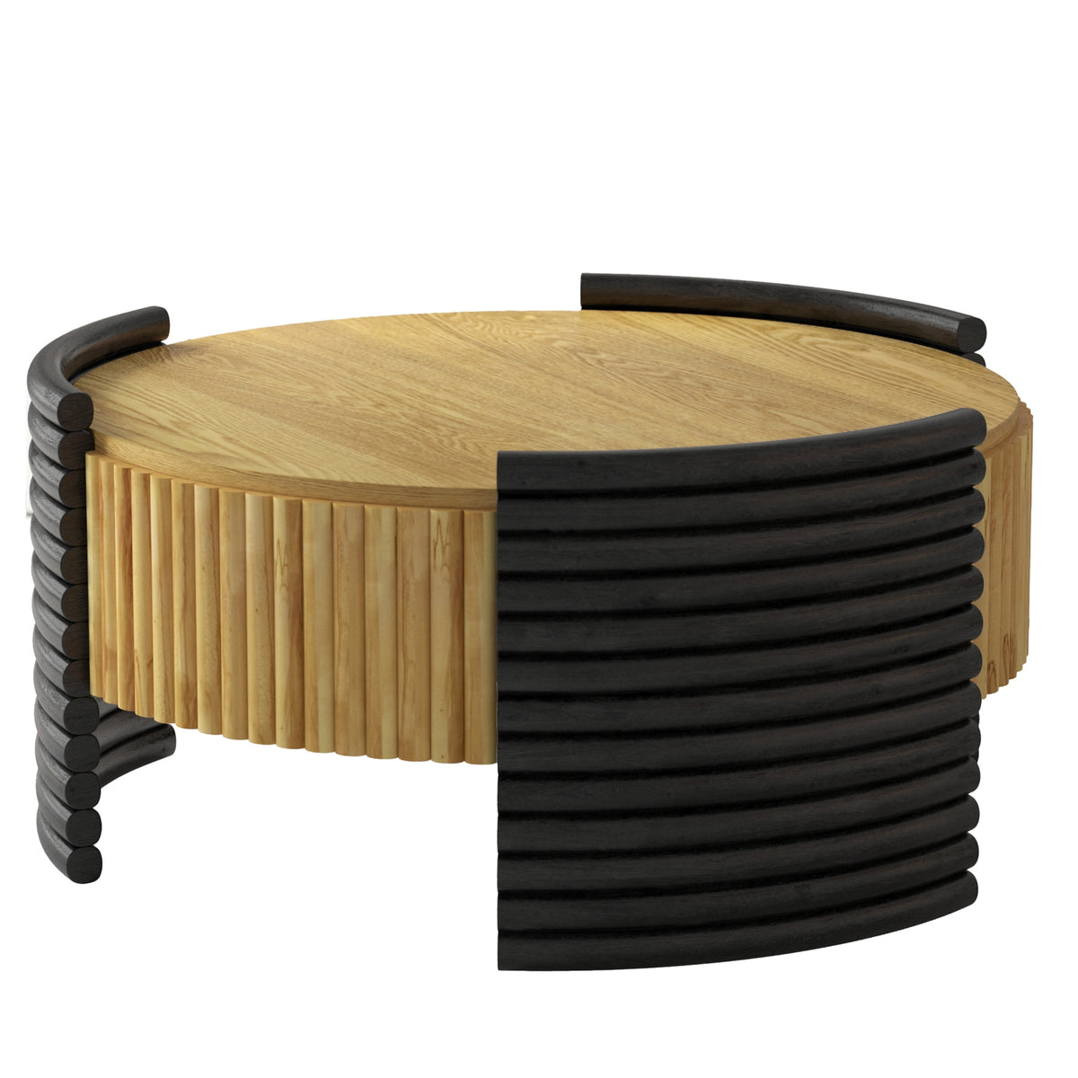 Natural and Black Fluted Round Drum Coffee Table with Storage, 31.5 in