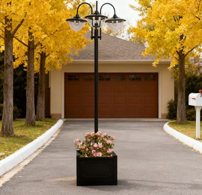 Lamp Post, Solar Powered, 3-Light with Planter, Black