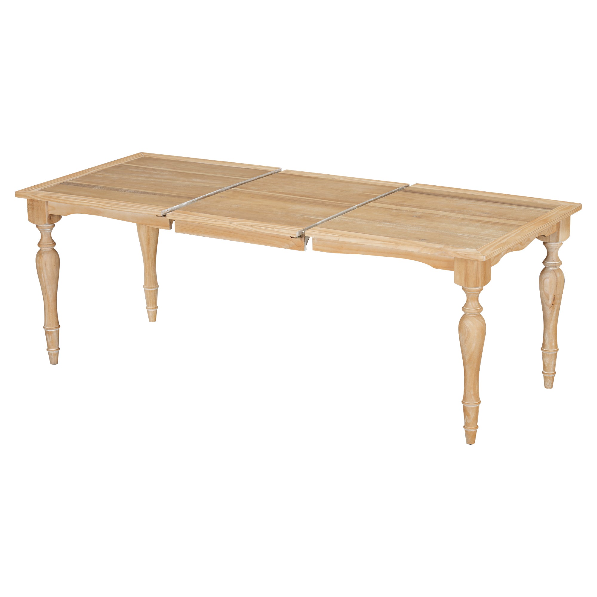 Solid wood dining table pulled apart at the center to show the removable extension leaf, white background
