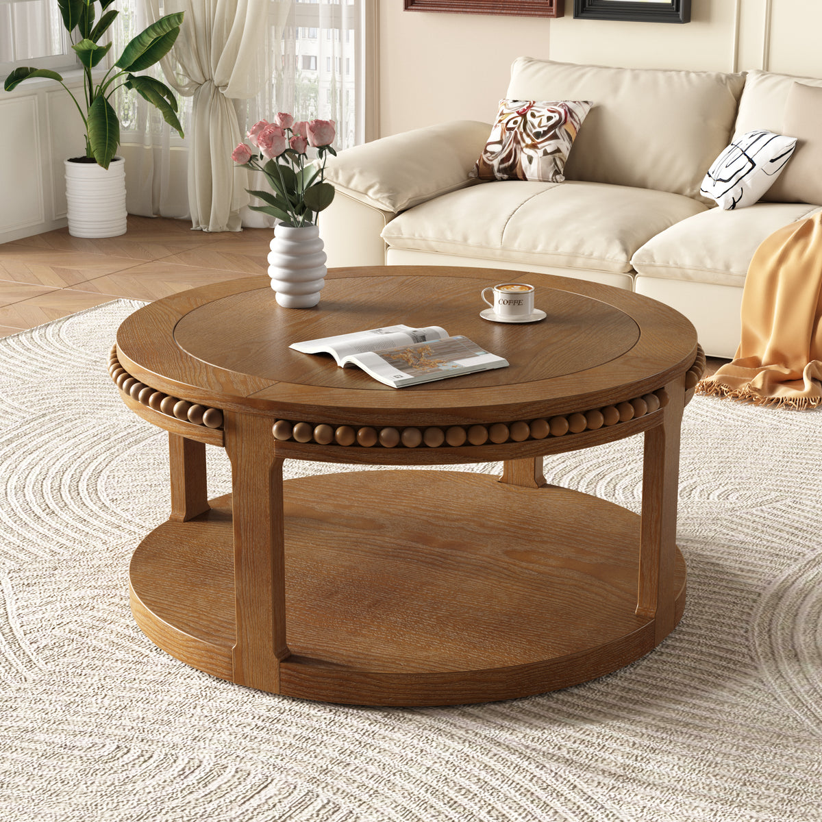 Walnut Beaded Two-Tier Round Coffee Table, 31.5 in