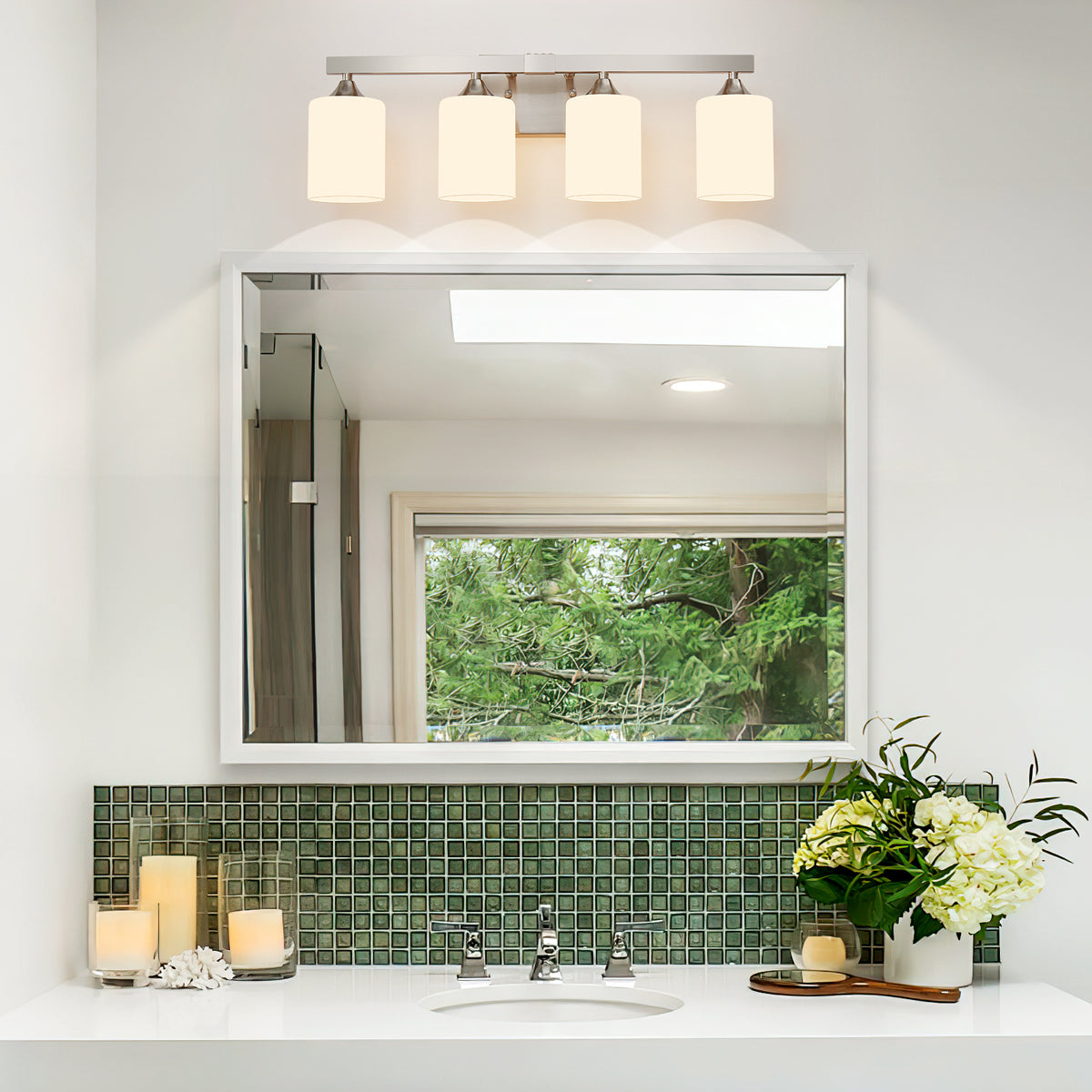 Vanity Light, 4-Light Iron, Glass Shade, Silver