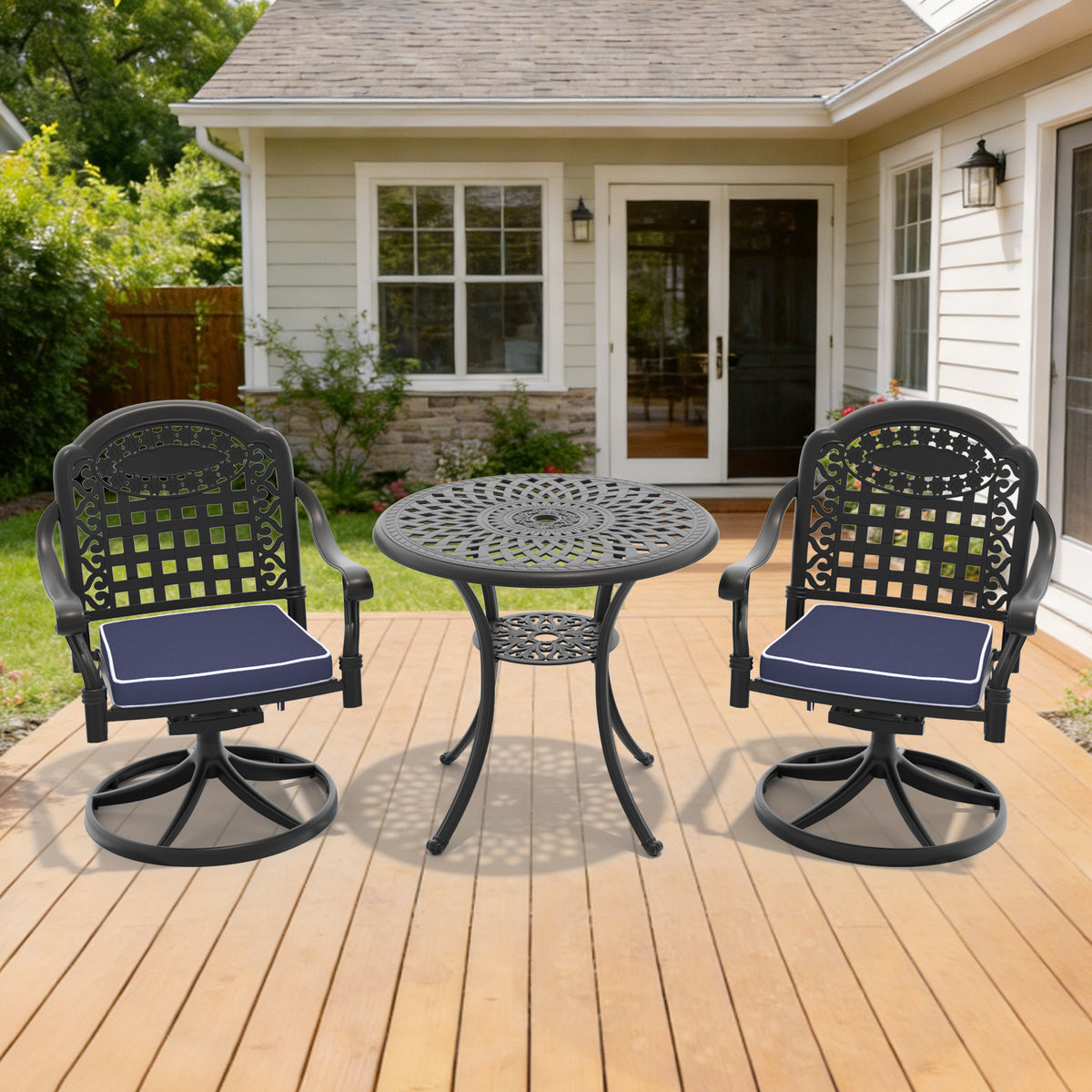 Black Aluminum 3-Piece Patio Dining Set for 2 with Cushions