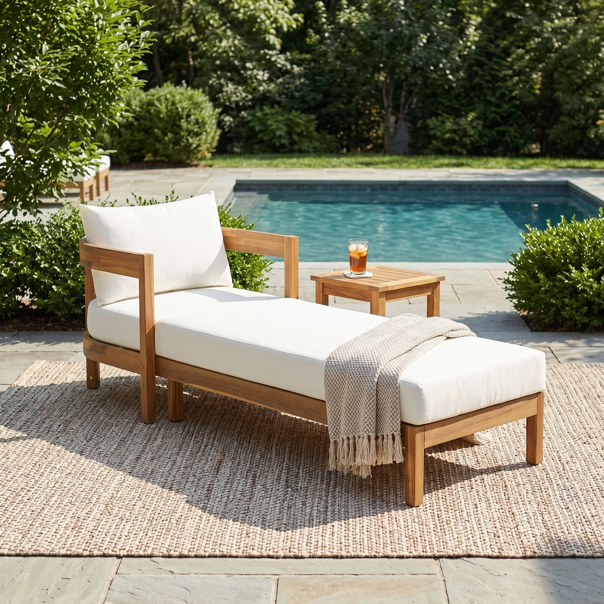 Teak Finish Solid Wood Outdoor Chaise Lounge, Cream Cushion, Curved