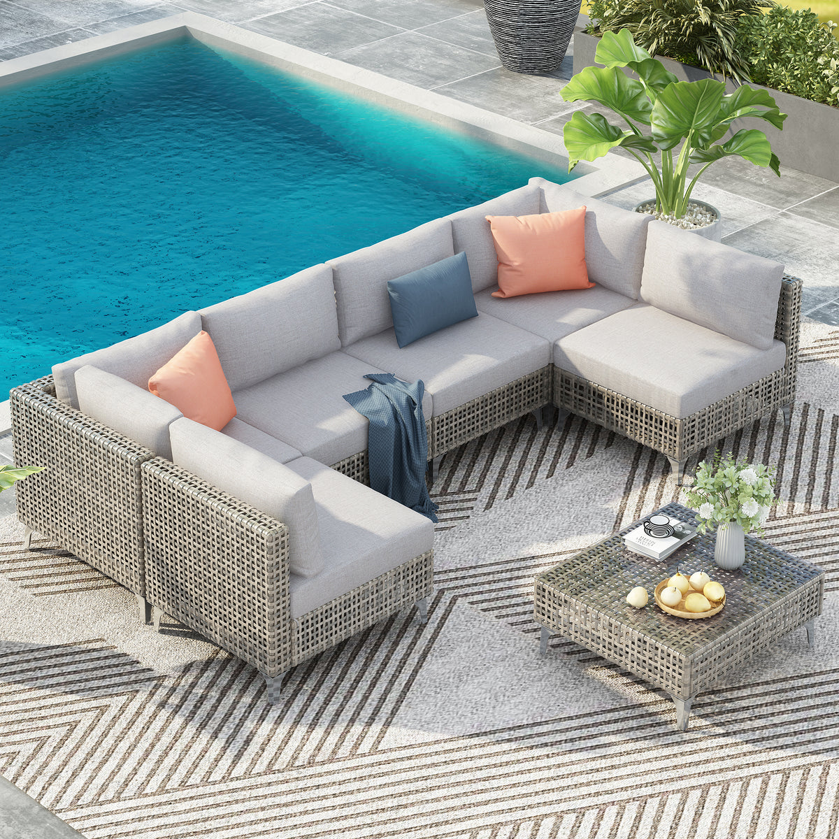 Gray Wicker 7-Piece Outdoor Sofa Set with Cushions