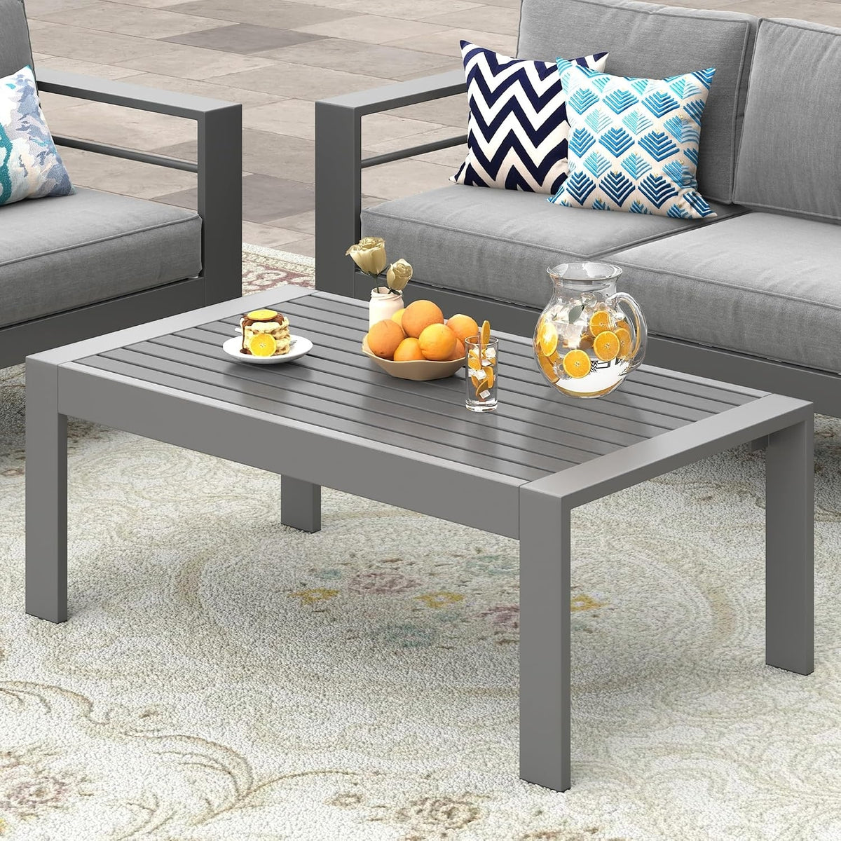 Gray Metal Rectangular Outdoor Coffee Table, 41.7 in Wide