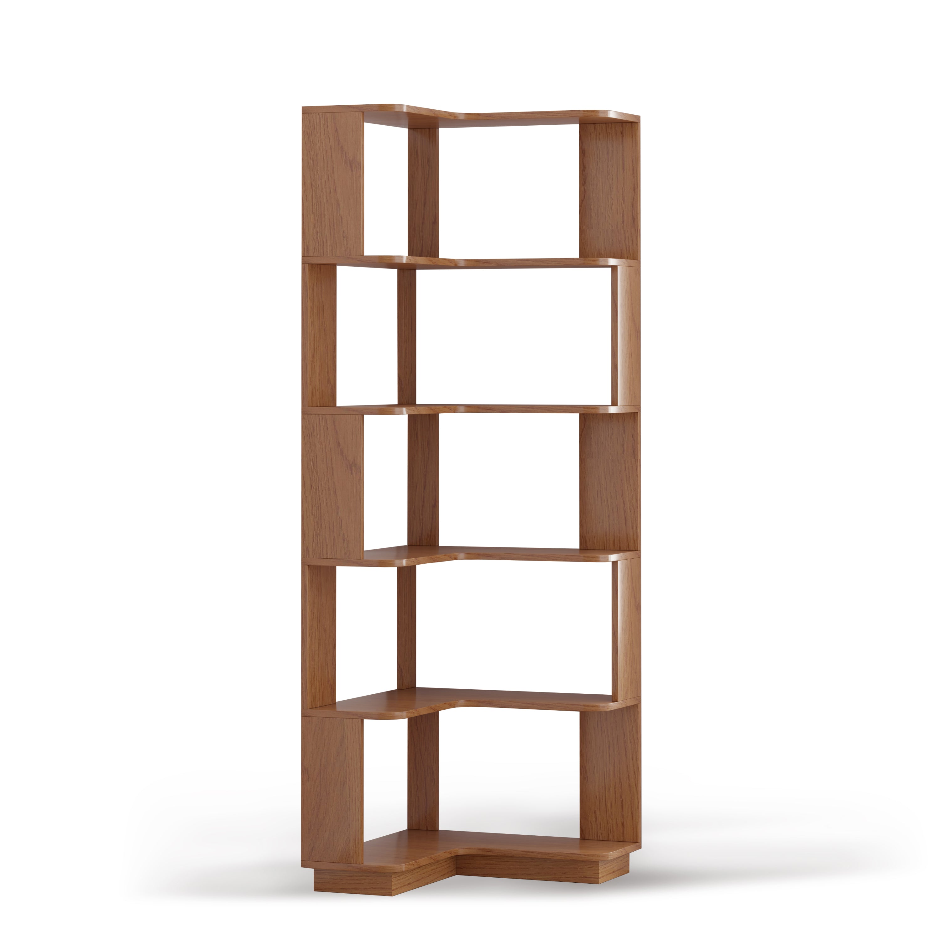 Bookshelf, 6 Shelves, L-Shaped, 64.6 in Tall, Oak, 21.7 in Wide