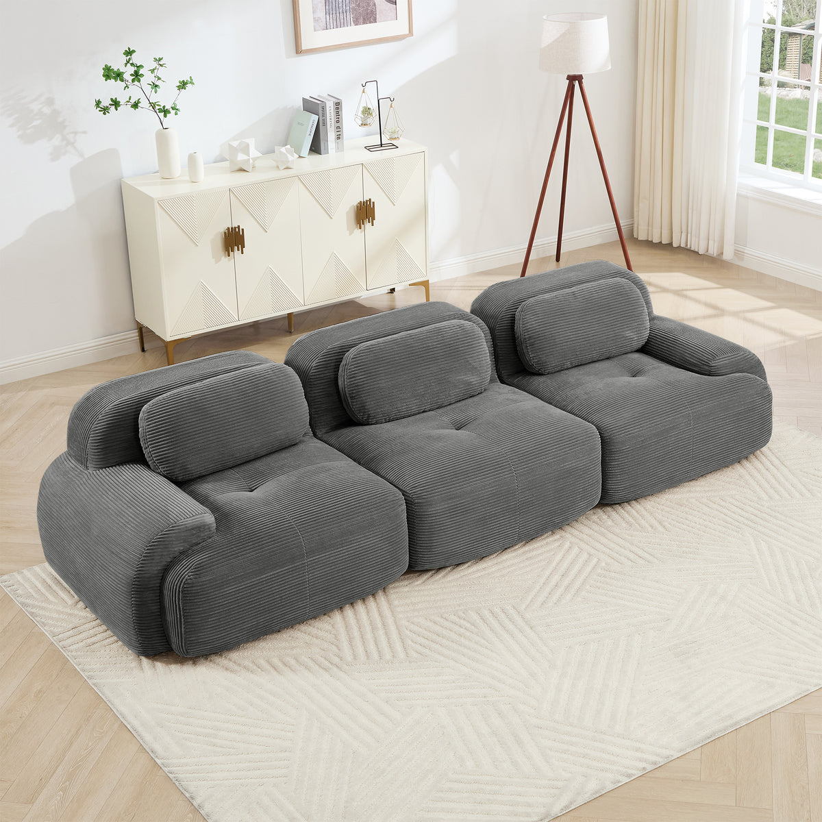 Gray Corduroy Modular 3-Seat Curved Sofa