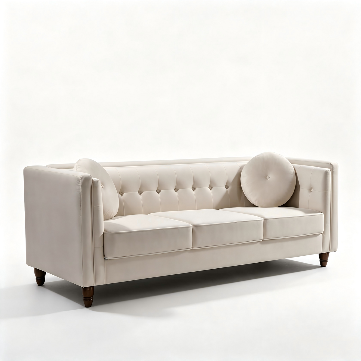 Ivory Velvet 3-Seat Tufted Chesterfield Sofa, 80.7 in Wide