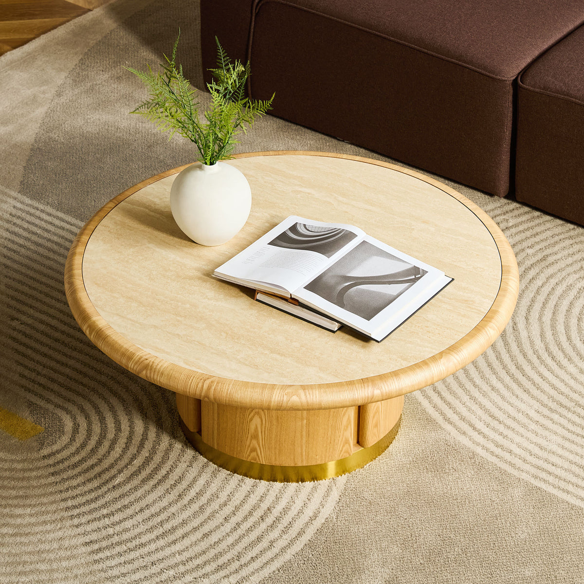 Natural and Gold Sintered Stone Round Drum Coffee Table, 35.4 in