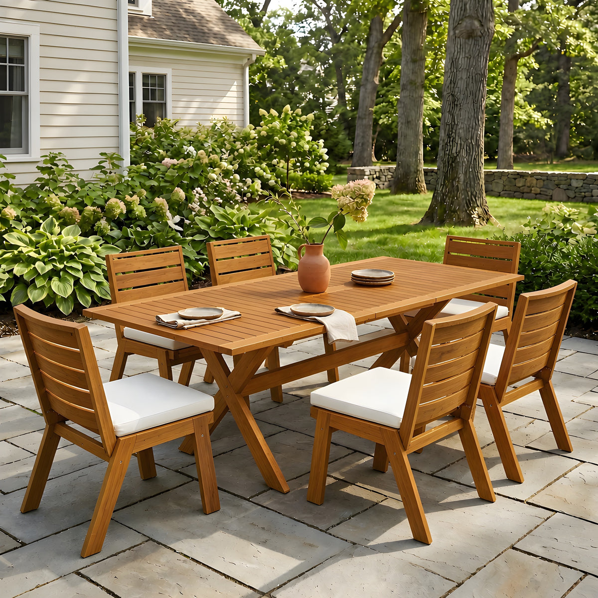 Teak Finish Solid Wood 7-Piece Patio Dining Set for 6 with Beige Cushions