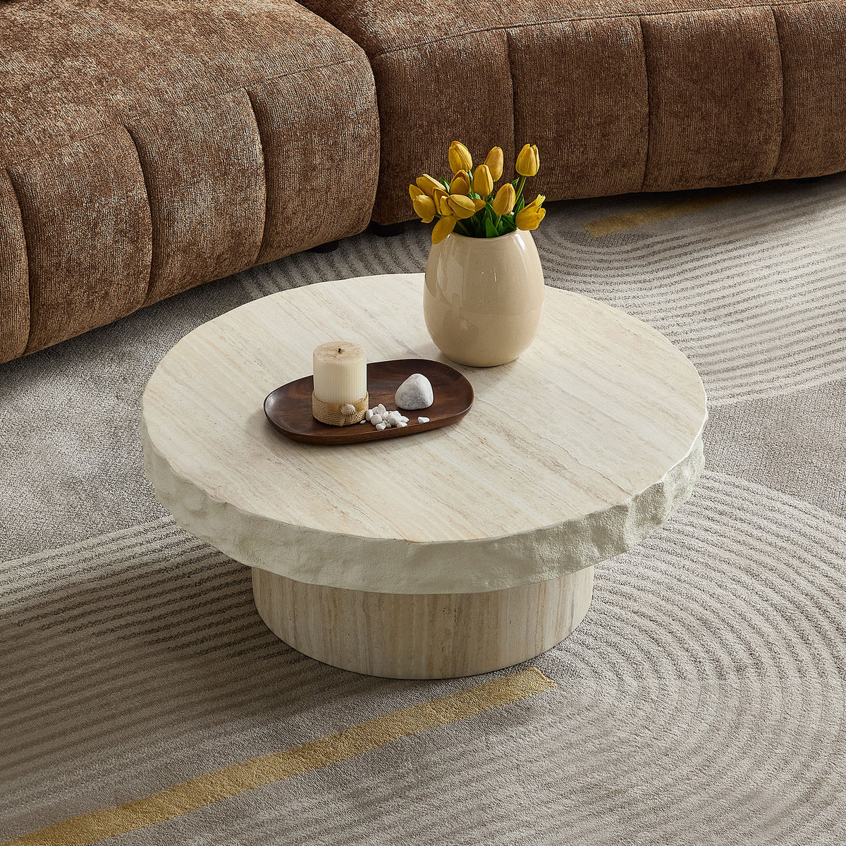 Beige Fiberglass Travertine-Look Round Pedestal Coffee Table, 31.7 in