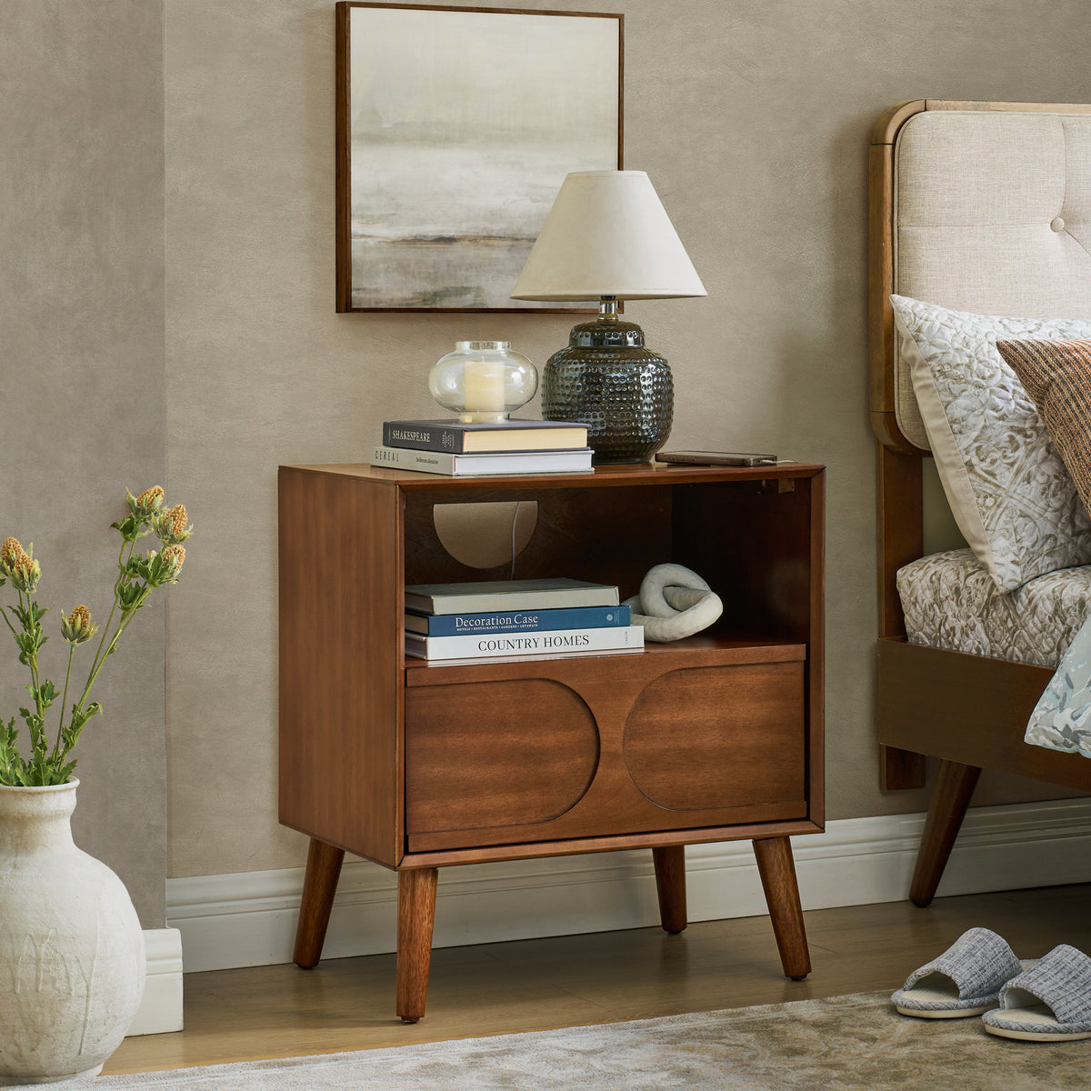Walnut Solid Wood Mid-Century 1-Drawer Nightstand with USB Charging Station and Open Shelf