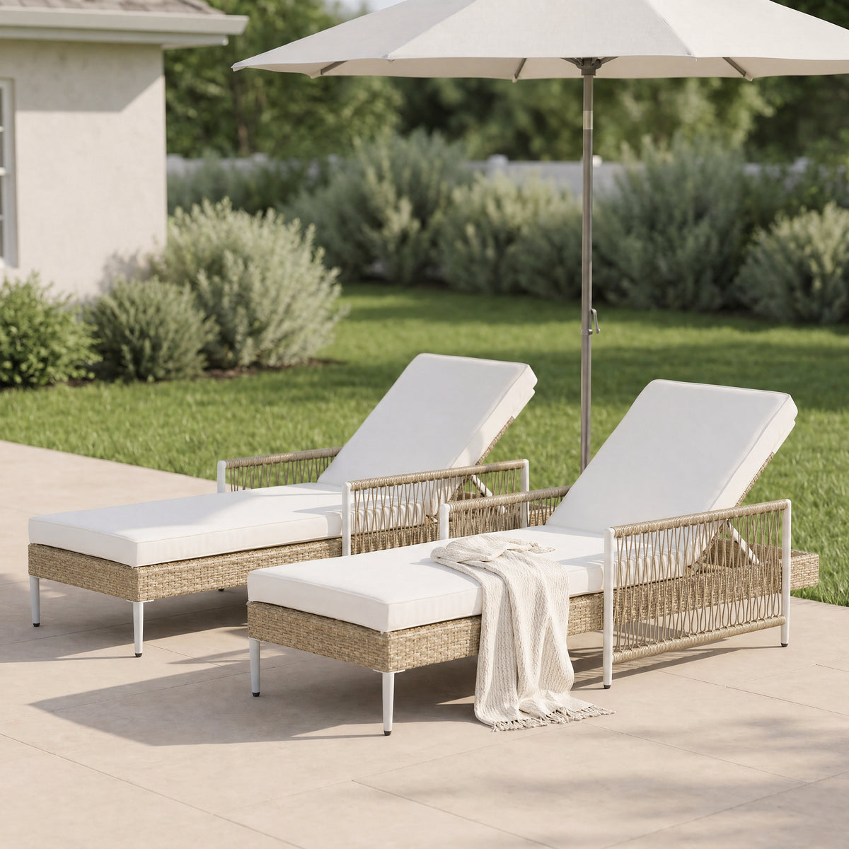 Wicker Adjustable Outdoor Chaise Lounge with Beige Cushions, Set of 2