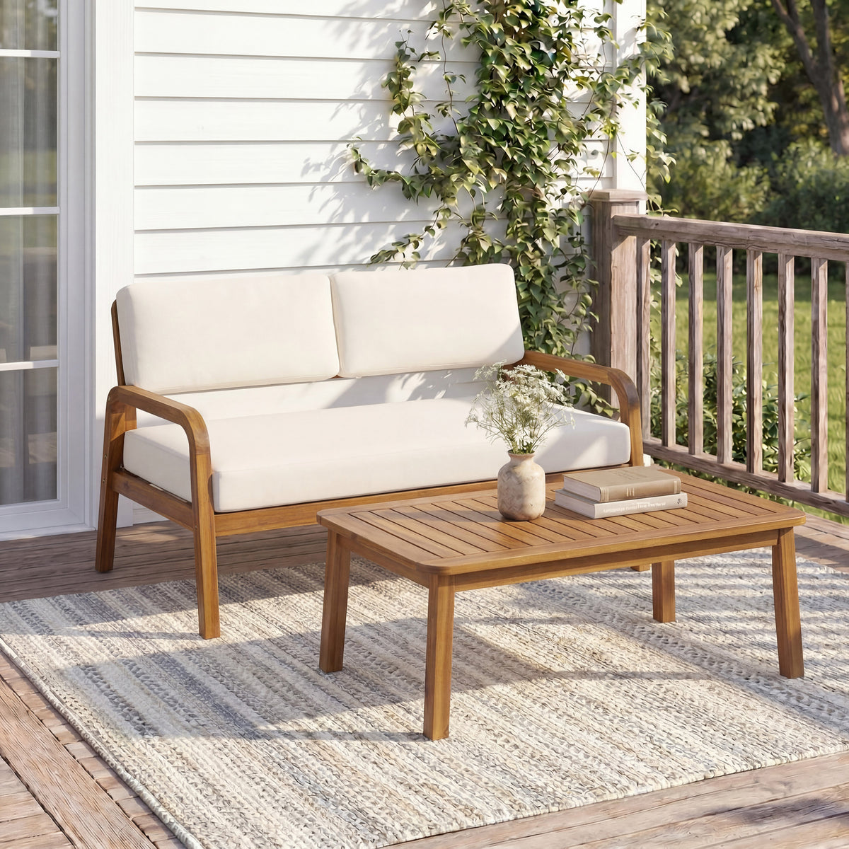 Teak Finish Solid Wood 2-Piece Outdoor Sofa Set for 2 with Cushions
