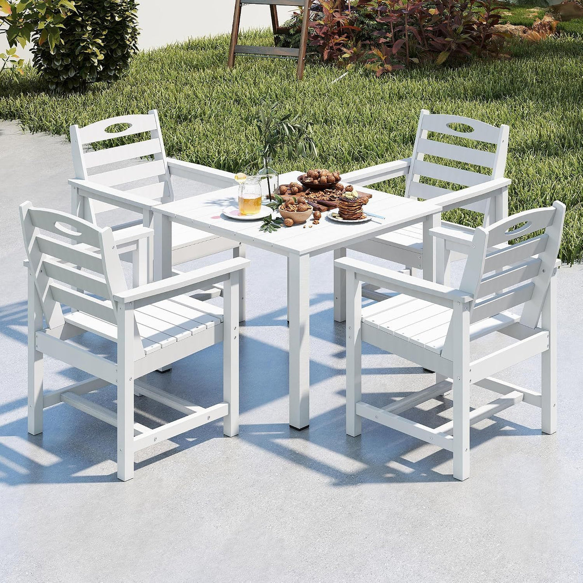 White HDPE 5-Piece Patio Dining Set with Umbrella Hole