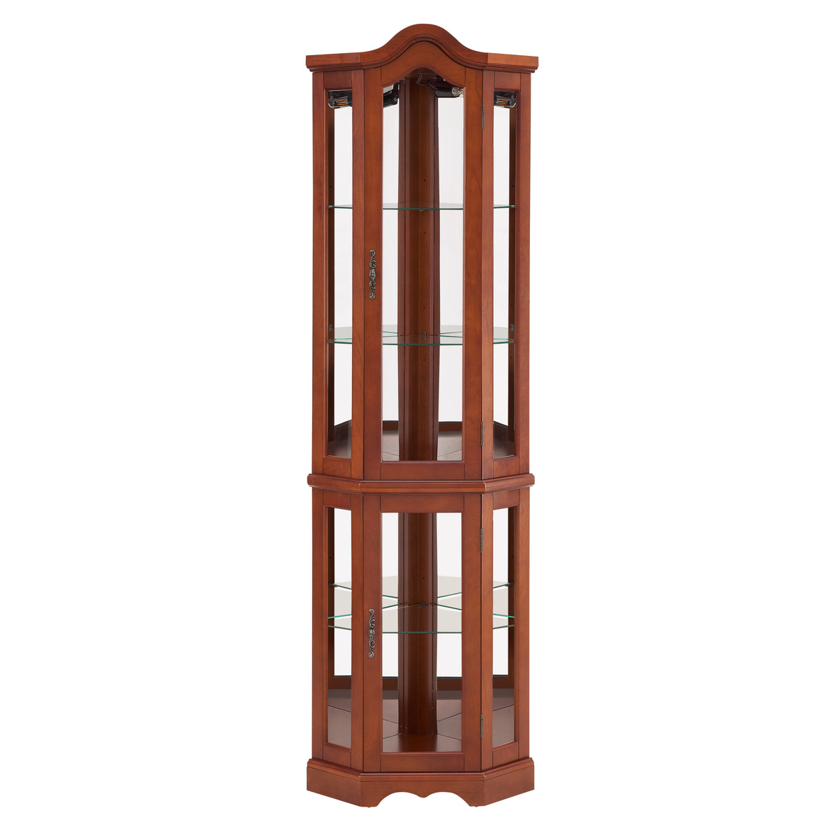 Lighted Corner Curio Cabinet, Walnut, Glass Doors & Mirrored Back