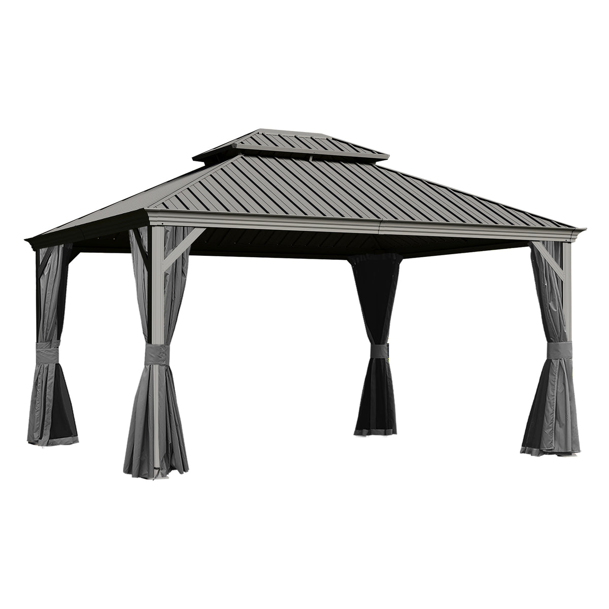 10x13 ft Gray Metal Double Roof Hardtop Gazebo with Netting and Curtains