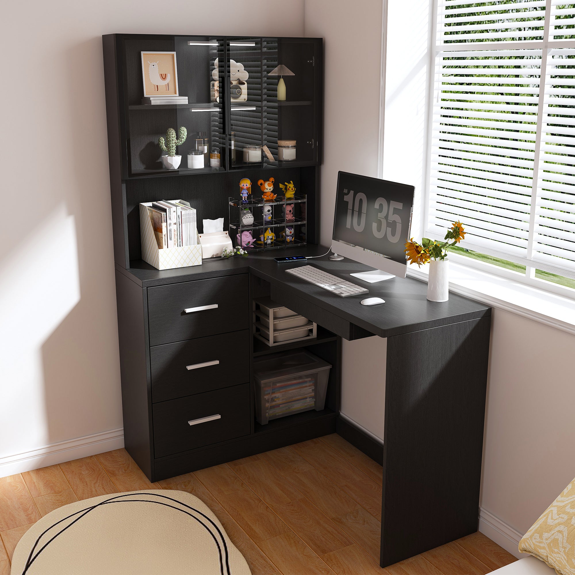 Computer Desk, L-Shaped, Glass Cabinets, LED Lighting, 43.3 in, Black