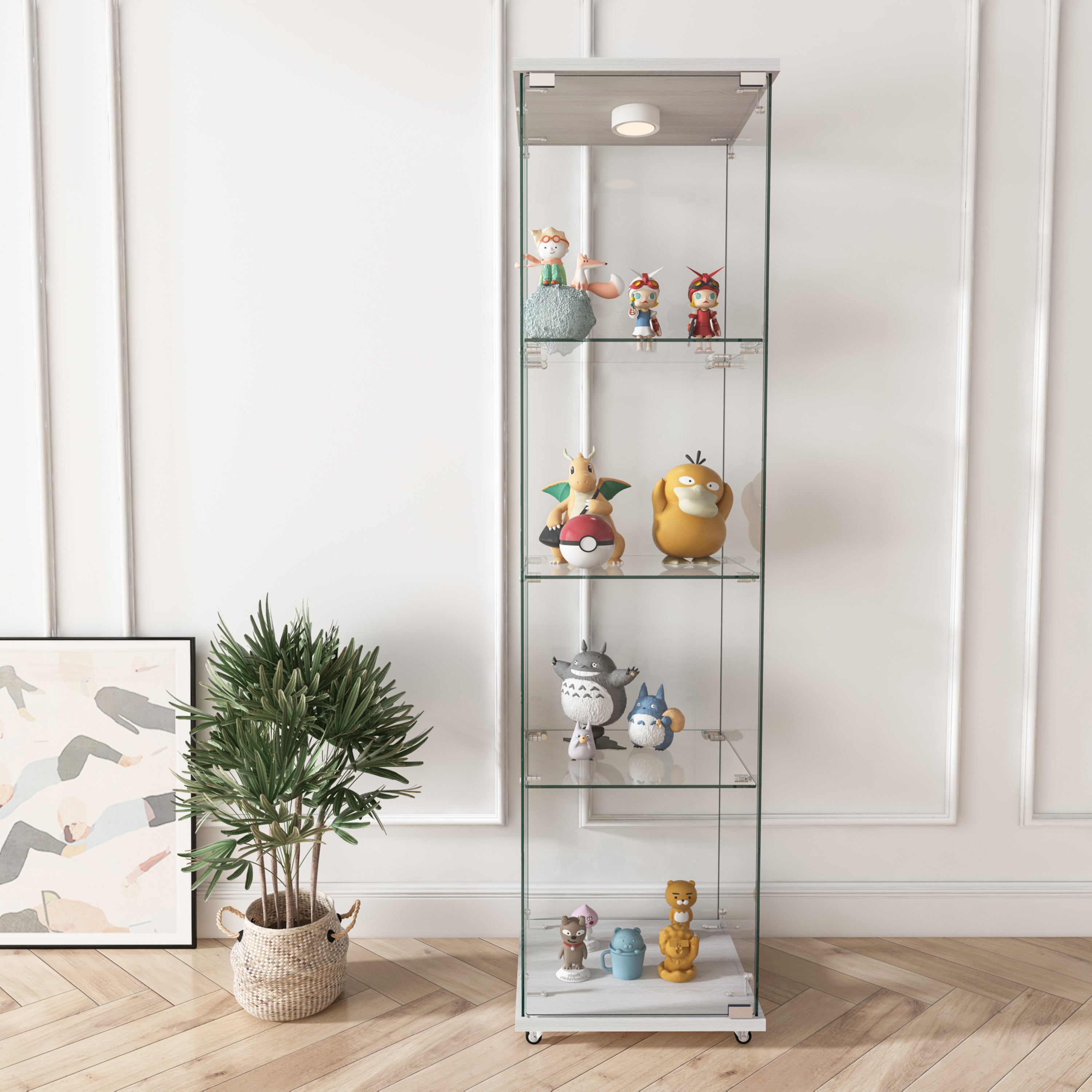 Modern Glass Bookcase, 1 Door, LED Lighting, 64.5 in Tall, Transparent, 16.7 in Wide