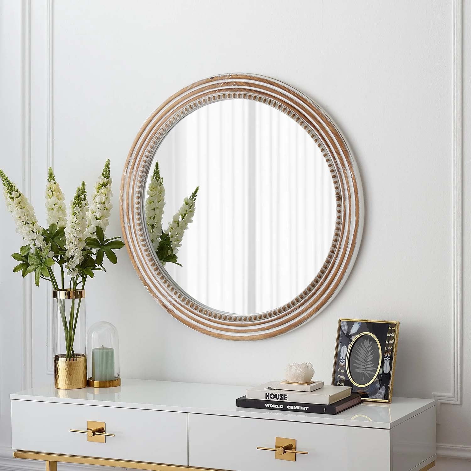 35 in Antique White Circle Mirror with Beaded Frame