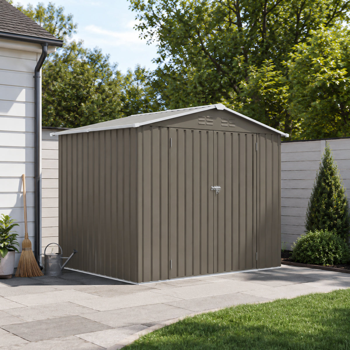 Gray Metal Storage Shed with Lockable Doors, 5.7x7.8 ft