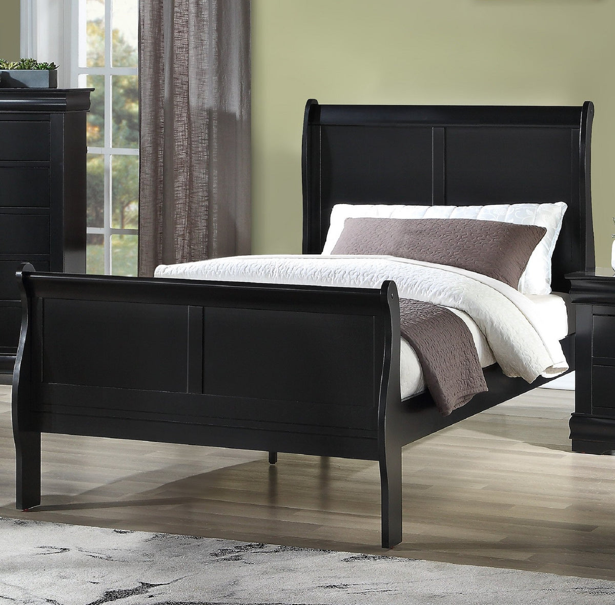 Solid Wood Sleigh Bed Frame, Black Finish