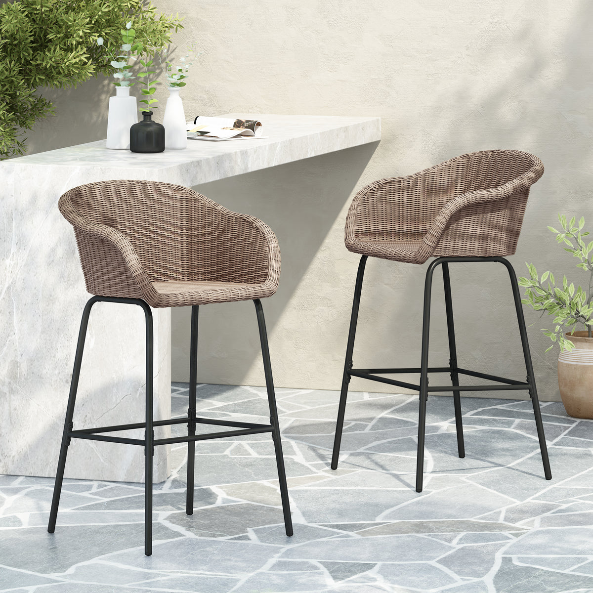 Black Metal Outdoor Bar Stool, Set of 2, Brown Wicker, 29.5 in Seat