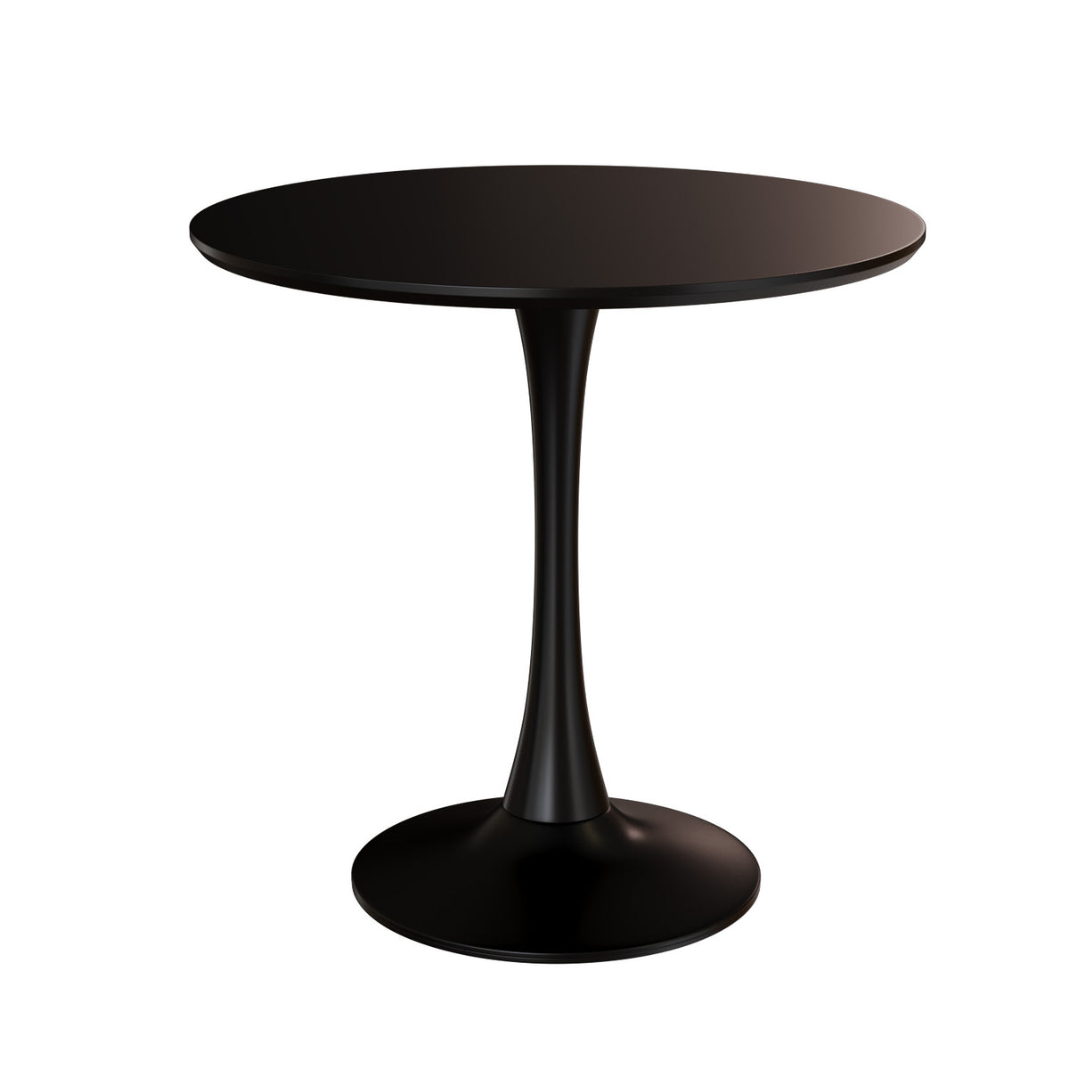 Black round tulip dining table on a plain white studio background, front view