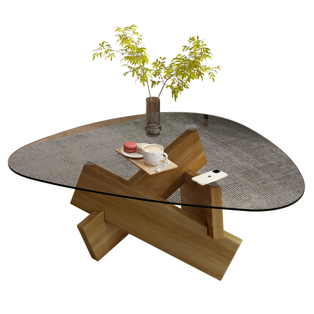 Oak Mid-Century Glass-Top Pebble Coffee Table, 32.3 in, 12 in Tall