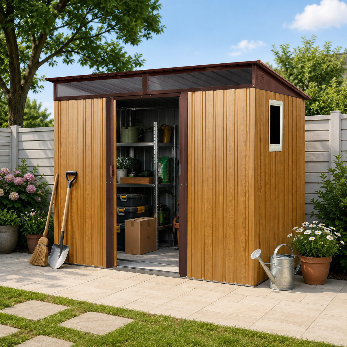 6x8 ft Brown Metal Storage Shed with Window