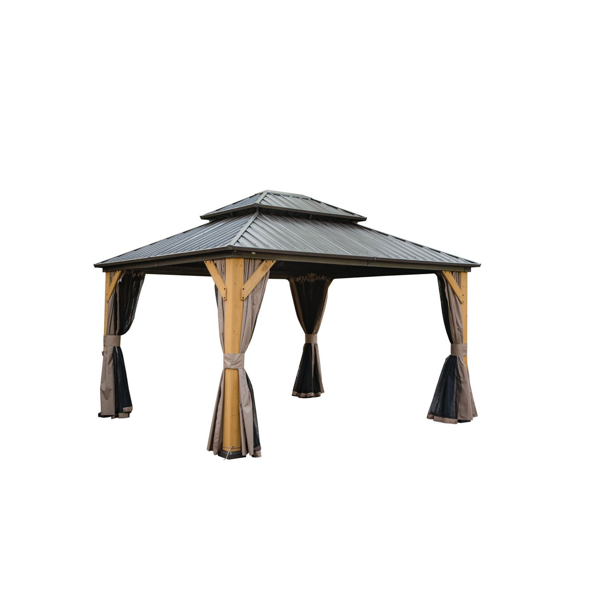 12x14 ft Brown Wood Double Roof Hardtop Gazebo with Netting and Curtains
