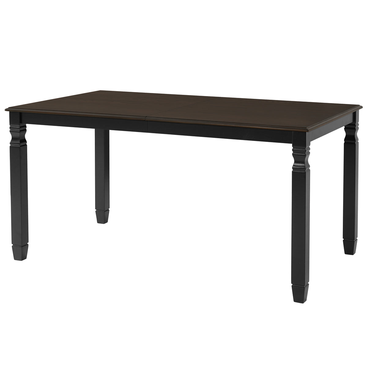 Three-quarter studio view of the espresso oak veneer dining table with black turned legs, plain background