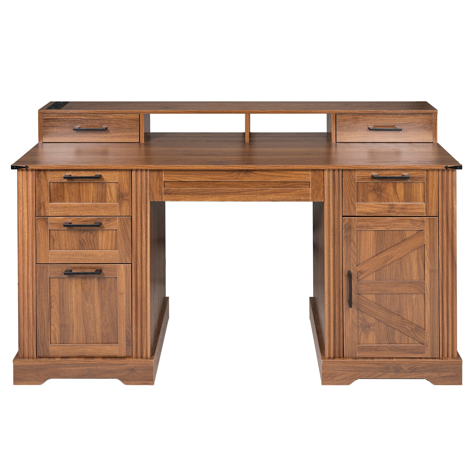 Barn Door Computer Desk with Charging Station, 6 Drawers, 59.5 in, 35.8 in Tall