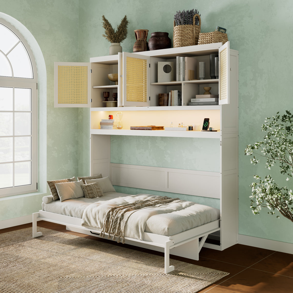Twin Murphy Bed with Top Cabinet, LED Light & USB Charging, White