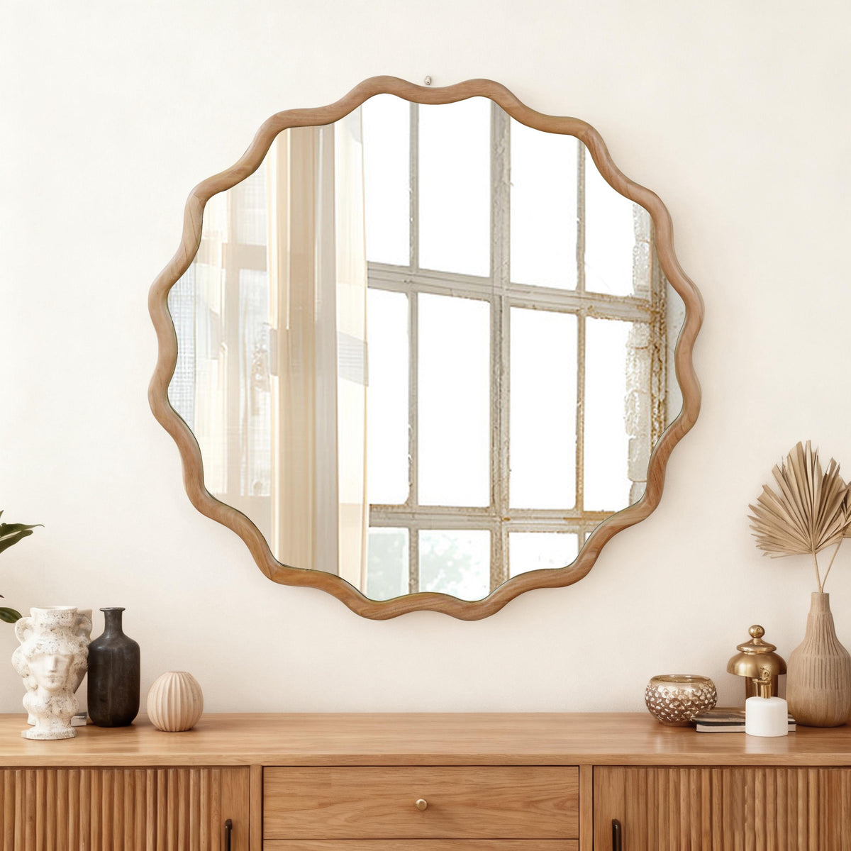 30 Inch Wavy Round Mirror, Solid Wood Frame, Natural