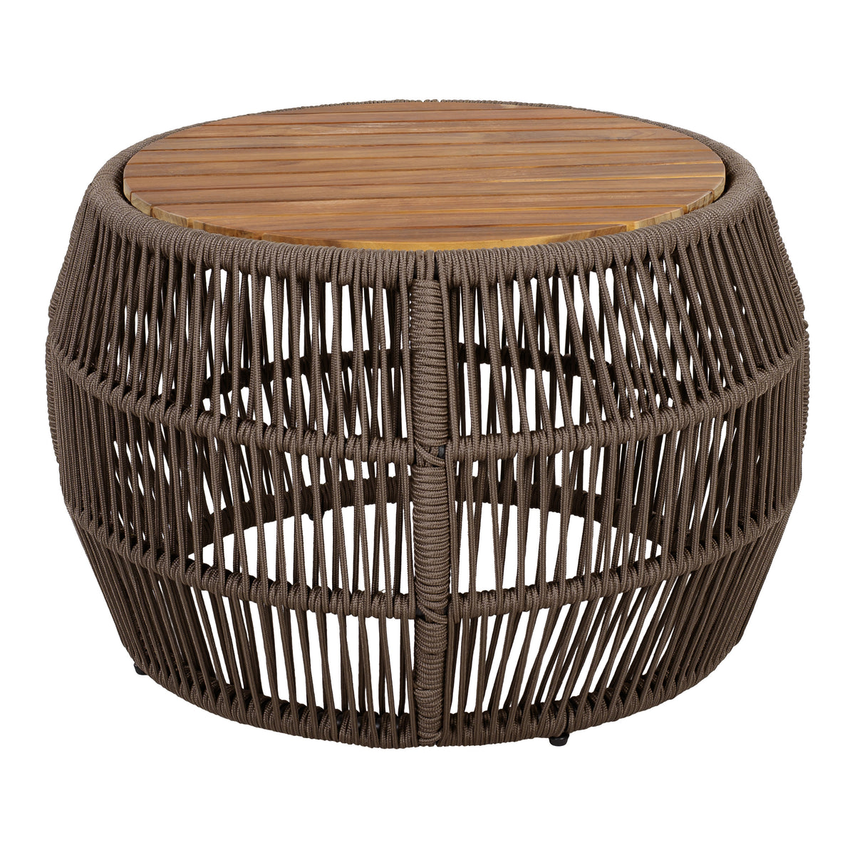 Round Outdoor Side Table, Teak Finish Wood Top, Grey Rope Frame, 17.5 in Tall