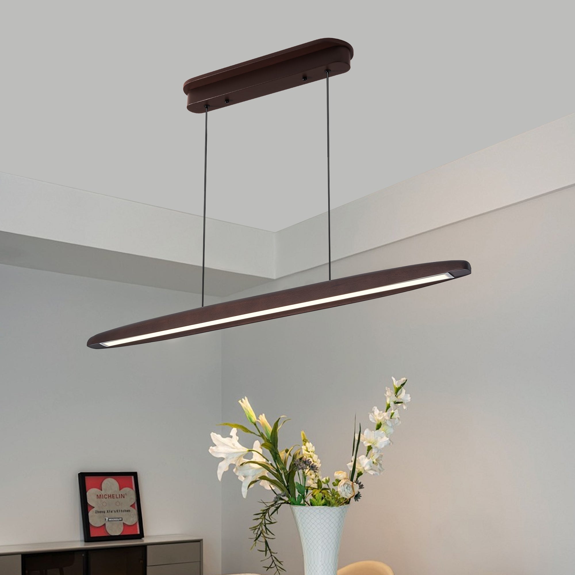 Walnut LED Pendant Light, 39 in, Acrylic Shade