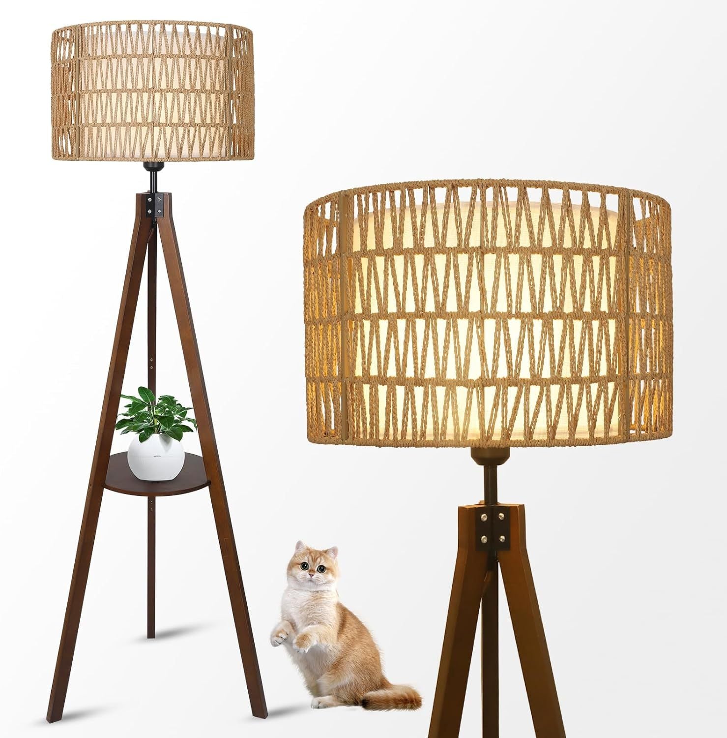 Brown Mid-Century Floor Lamp, Wood and Fabric and Rattan