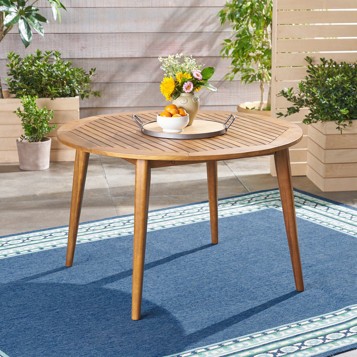 Teak Finish Solid Wood Round Outdoor Dining Table, 47.3 in Wide