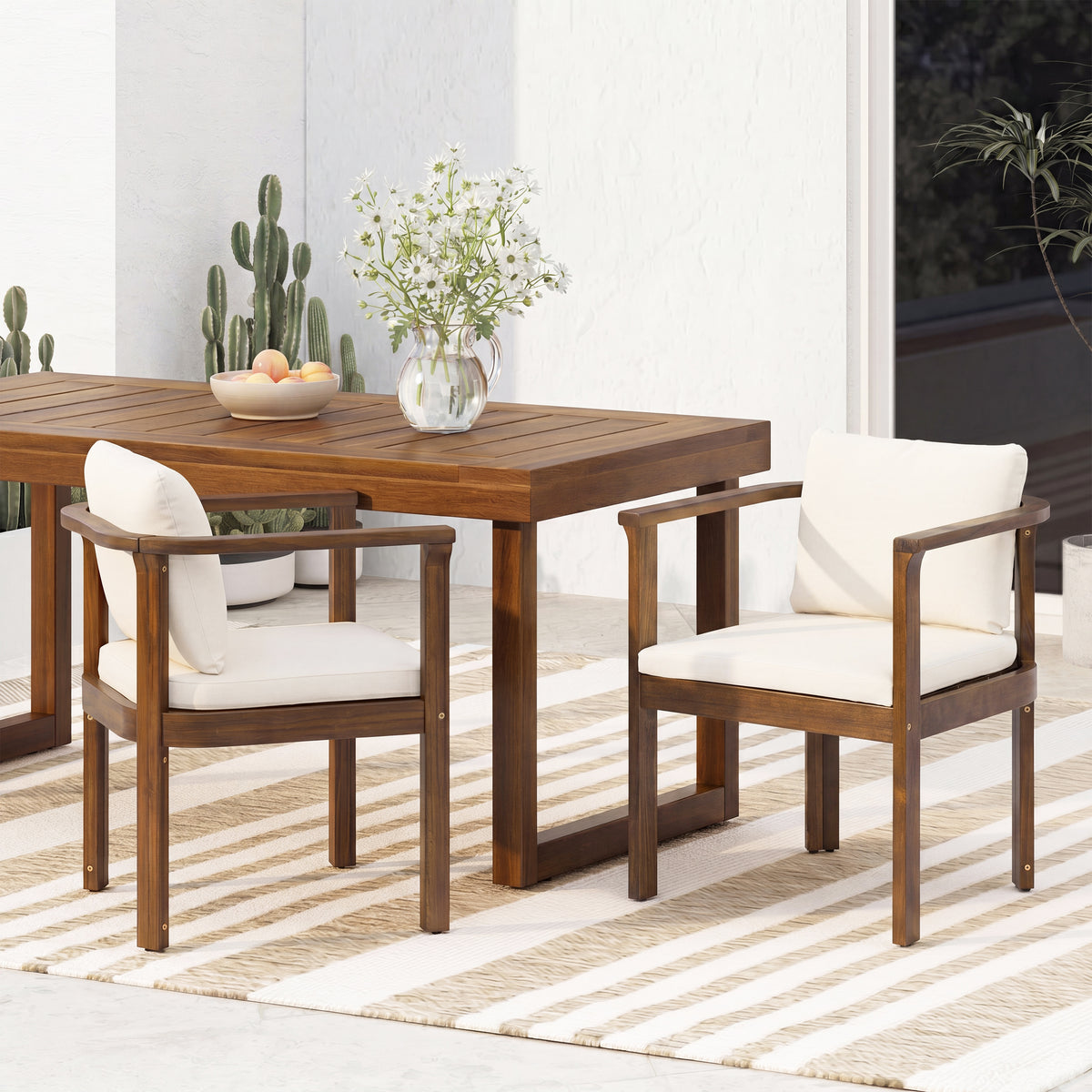 Brown Solid Wood Outdoor Dining Chair with Cream Cushions, Set of 2, Curved